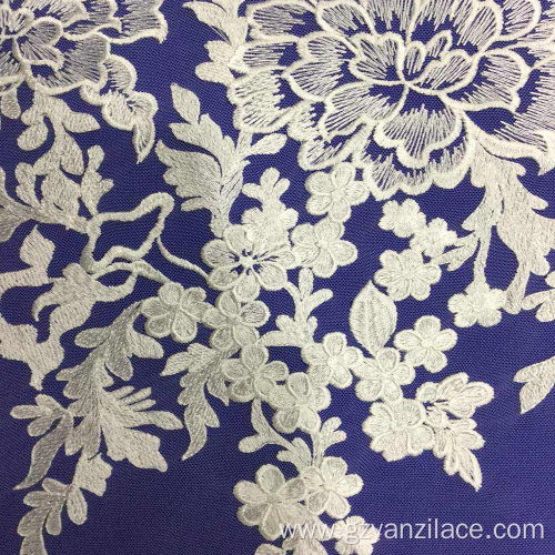 White Flower Embroidered Lace Fabric